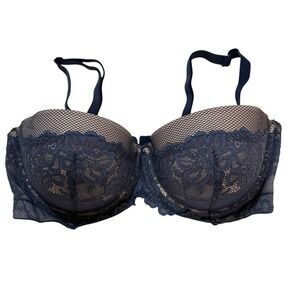 Maidenform Womens 34D Demi Bra Navy Blue Lace Fishnet Underwire Lingerie